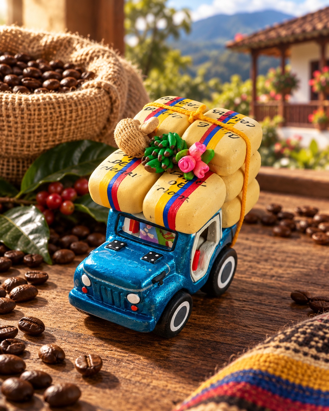 Jeep azul artesanal cargado con sacos de café
